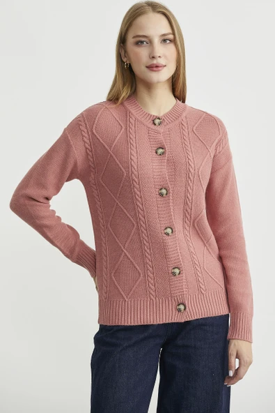Düğmeli Oversize Angora Triko Hırka - Gül ürün görseli 1