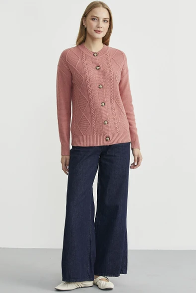 Düğmeli Oversize Angora Triko Hırka - Gül - Resim 2