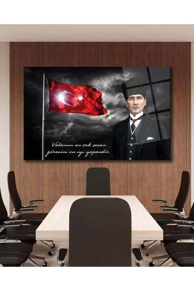 Türk Bayrağı ve Atatürk Cam Tablo Vatanını En Çok Seven Modern Ev Ofis Salon Kurum Hediyelik Tablo ürün görseli 1