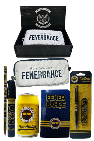 Fenerbahçe Orjinal Lisanslı Sarı Kutu Kalemtraş Ahşap Kutulu 6'lı Kırtasiye Seti ürün görseli 1