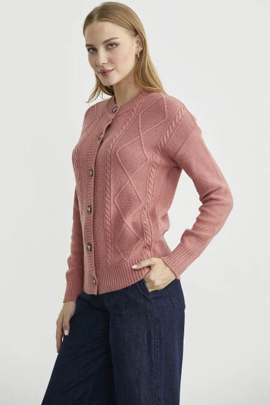 Düğmeli Oversize Angora Triko Hırka - Gül - Resim 5