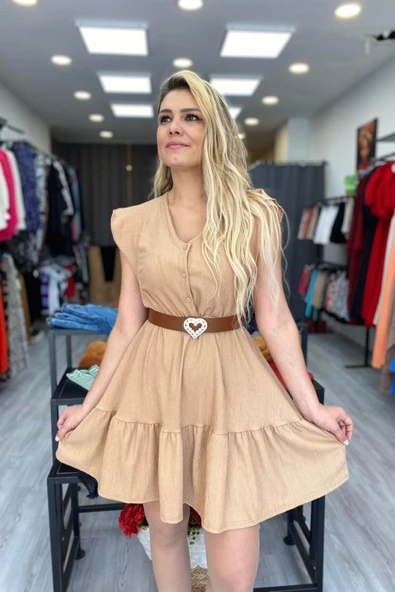 V yaka Eteği Katlı Mini Elbise ürün görseli 1