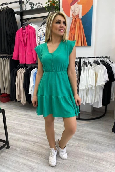 V yaka Eteği Katlı Mini Elbise - Resim 8