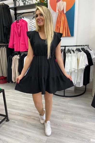 V yaka Eteği Katlı Mini Elbise - Resim 12