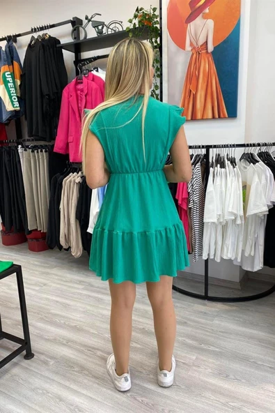 V yaka Eteği Katlı Mini Elbise - Resim 10