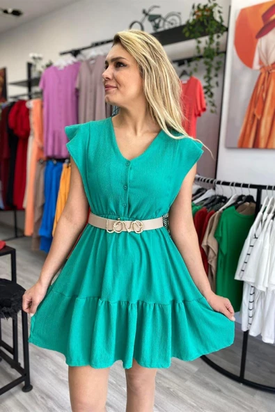 V yaka Eteği Katlı Mini Elbise - Resim 7