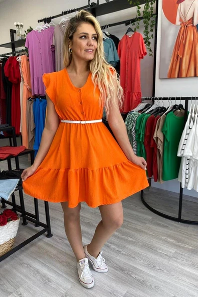 V yaka Eteği Katlı Mini Elbise - Resim 5