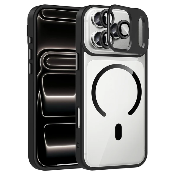 iPhone 17 Pro Kılıf Standlı ve Kamera Lens Hediyeli M-Safe Şarj Özellikli ZNTH Etro Kapak - Siyah ürün görseli 1