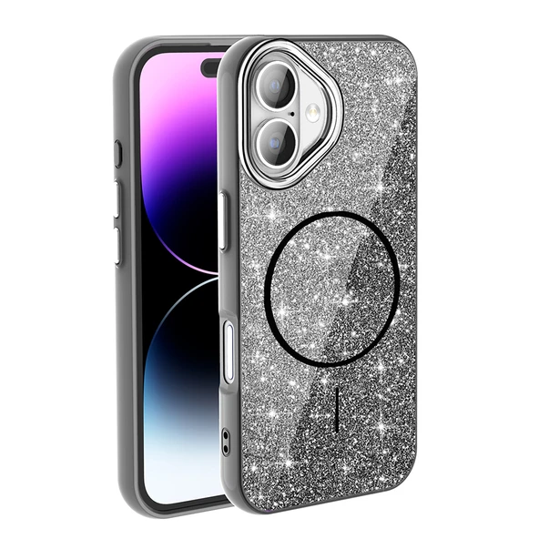 iPhone 17 Kılıf M-safe Şarj Özellikli Parlayan Simli ZNTH Okso Kapak - Siyah ürün görseli 1