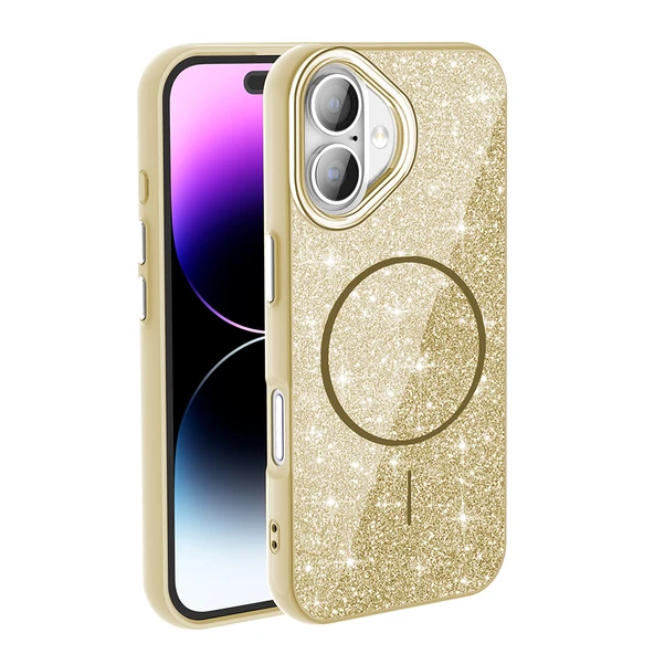 iPhone 17 Kılıf M-safe Şarj Özellikli Parlayan Simli ZNTH Okso Kapak - Gold ürün görseli 1