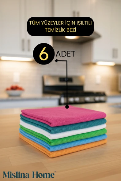 Mislina Home Mikrofiber Çok Amaçlı Genel Temizlik Bezi 6’lı Set 40x40cm – Renkli Mutfak Ev Araba Bezi ürün görseli 1
