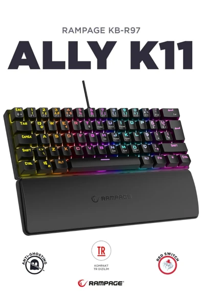 Rampage Klavye Oyuncu Klavyesi Kırmızı 12 Işık Modlu Red Switch Mekanik Antighosting Bilek Destekli Ally K11 ürün görseli 1