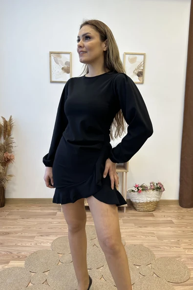 Eteği Volanlı Mini Krep Elbise ürün görseli 1