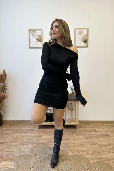 Büzgülü Uzun Kollu Mini Elbise ürün görseli 1