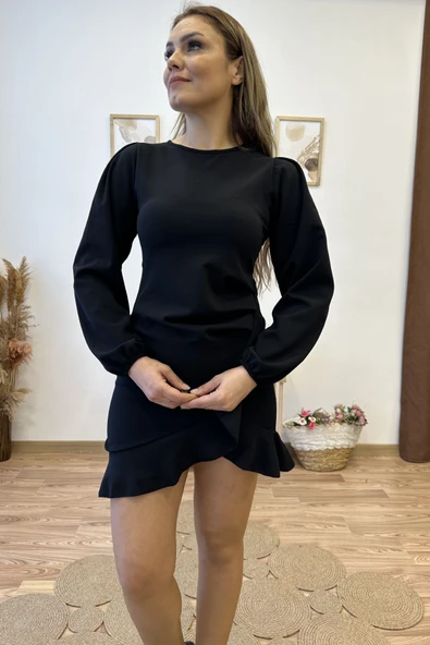 Eteği Volanlı Mini Krep Elbise - Resim 6