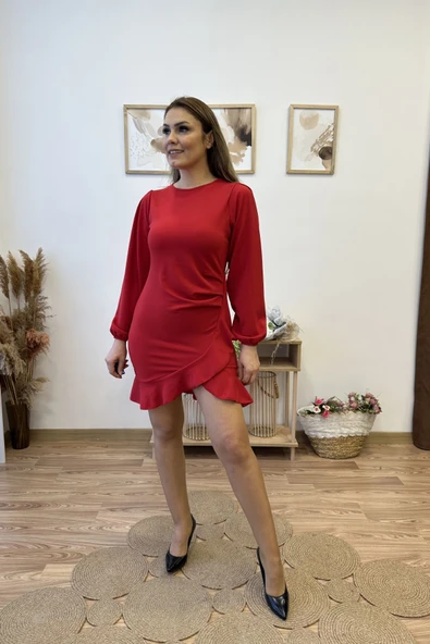 Eteği Volanlı Mini Krep Elbise - Resim 11