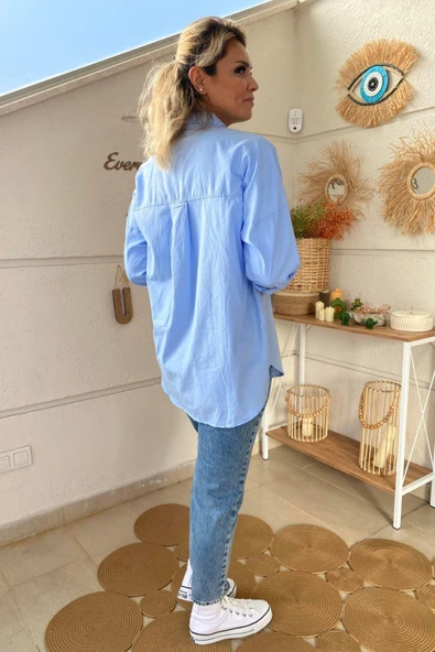 Mavi Taş Detaylı Oversize Gömlek - Resim 4