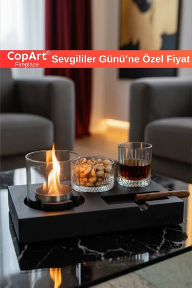 CopArt Elza Siyah Şömineli Viski ve Puro Tepsisi - 1 Lt Yakıt Hediyeli ürün görseli 1