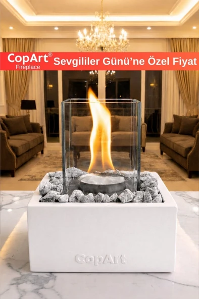 CopArt Quadrata Beyaz Biyoetanol Masaüstü Beton Şömine - 1 Lt Yakıt Ve Dekoratif Taş Hediyeli ürün görseli 1