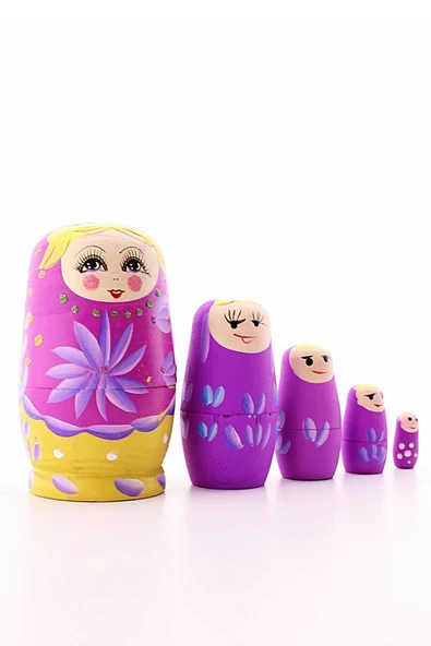 Dekoratif Ahşap Tombul Iç Içe Matruşka Bebek Pembe Set 5li Büyük Boy ürün görseli 1