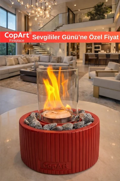 CopArt Alba Kırmızı Biyoetanol Masaüstü Beton Şömine - 1 Lt Yakıt Ve Dekoratif Taş Hediyeli ürün görseli 1