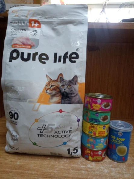 Pure Life Plus HYPOALLERGENIC Yetişkin Kedi Kuru Mama Tavuklu 1.5 kg+5 ADET KARIŞIK AROMA PÜRE KEDİ KONSERVE 85 GRAM+1 ADET TAVUKLU KEDİ ÇORBASI 135 ML ürün görseli 1