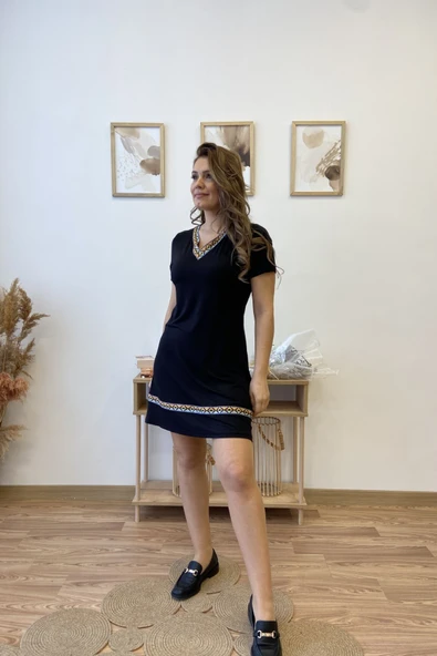 Etnik Şeritli V Yaka Mini Elbise - Resim 2