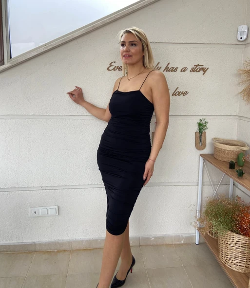 Yan Büzgü Detaylı İnce Askılı Sandy Elbise ürün görseli 1