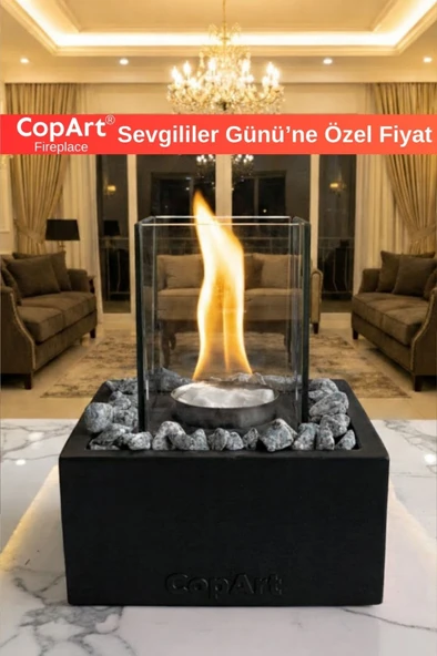 CopArt Quadrata Siyah Biyoetanol Masaüstü Beton Şömine - 1 Lt Yakıt Ve Dekoratif Taş Hediye ürün görseli 1