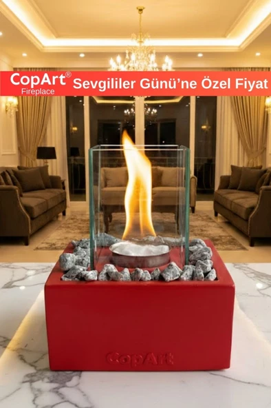 CopArt Quadrata Kırmızı Biyoetanol Masaüstü Beton Şömine - 1 Lt Yakıt Ve Dekoratif Taş Hediyeli ürün görseli 1