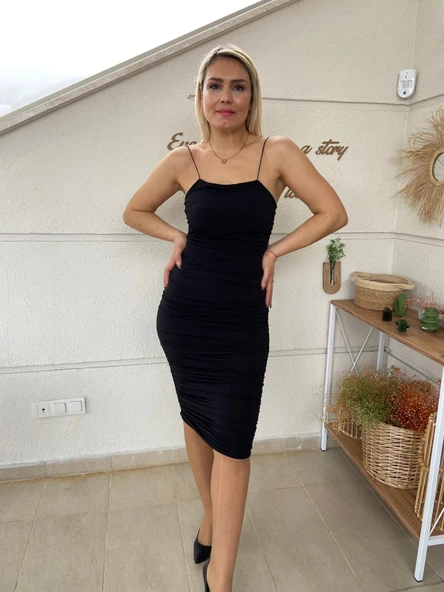 Yan Büzgü Detaylı İnce Askılı Sandy Elbise - Resim 3
