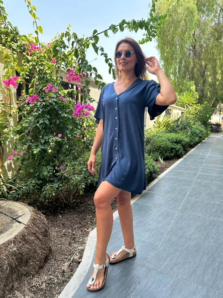 Düğmeli Keten Mini Elbise - Resim 7