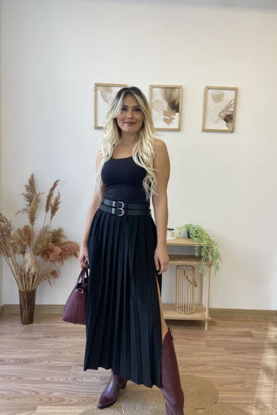 Çift Kemerli Yırtmaçlı Pileli Uzun Etek ürün görseli 1