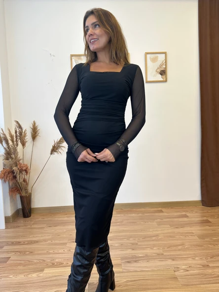 Tül Detaylı Drapeli Midi Elbise ürün görseli 1