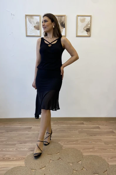 Asimetrik Tül Volanlı Midi Etek - Resim 5