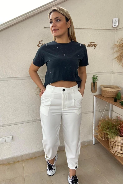 Paça Düğme Detaylı Kumaş Pantolon - Resim 6