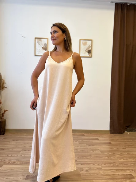 İp Askılı V Yaka Uzun Ayrobin Elbise - Resim 10