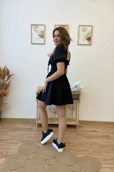 Dekolteli Dantel Detaylı Mini Kloş Elbise - Resim 10