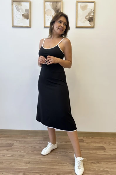 İp Askılı Janjan Krep Midi Elbise - Resim 5