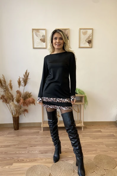 Leopar Şerit Detaylı Siyah Mini Elbise ürün görseli 1