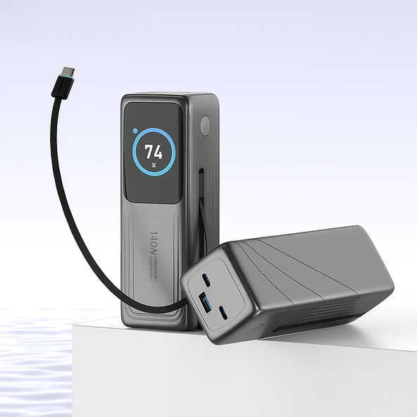 140W Süper Hızlı Şarj 30000mAh Powerbank  Type C Dahili Kablo  3 Çıkışlı, LED Ekran, Laptop Uyumlu ürün görseli 1
