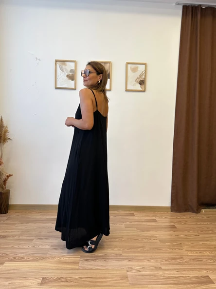İp Askılı V Yaka Uzun Ayrobin Elbise - Resim 4