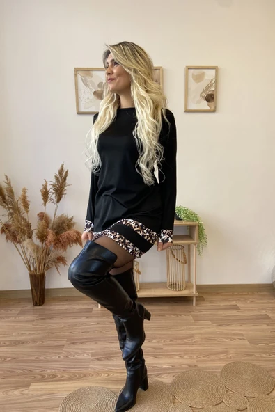 Leopar Şerit Detaylı Siyah Mini Elbise - Resim 6