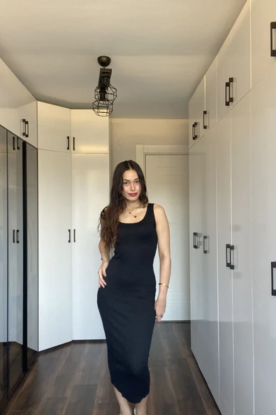 Kare Yaka Fitilli Kaşkorse Midi Elbise ürün görseli 1