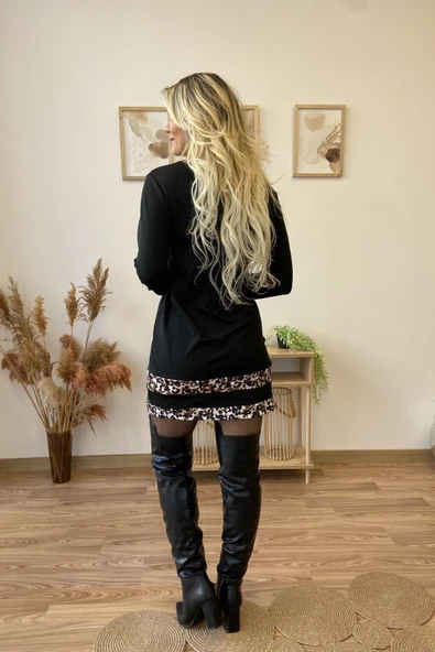 Leopar Şerit Detaylı Siyah Mini Elbise - Resim 3