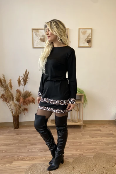 Leopar Şerit Detaylı Siyah Mini Elbise - Resim 5