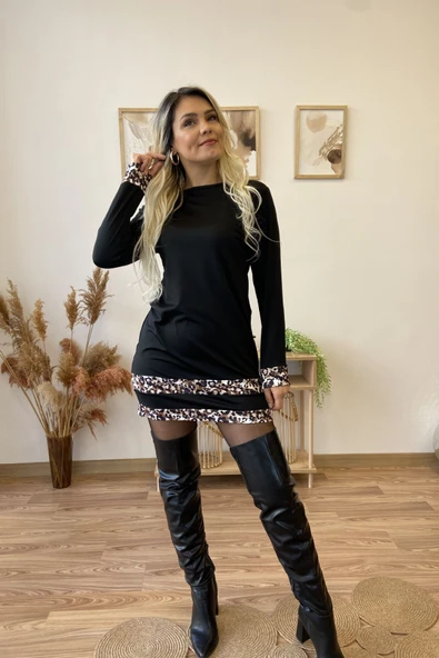 Leopar Şerit Detaylı Siyah Mini Elbise - Resim 8