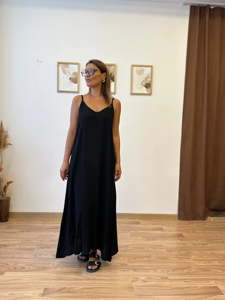 İp Askılı V Yaka Uzun Ayrobin Elbise - Resim 5