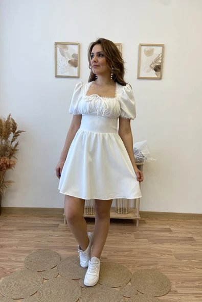Dekolteli Dantel Detaylı Mini Kloş Elbise - Resim 12