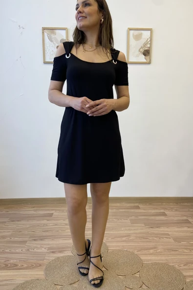 Kuş Gözü Askılı Viscon Mini Elbise - Resim 2